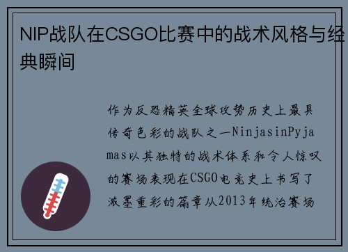 NIP战队在CSGO比赛中的战术风格与经典瞬间
