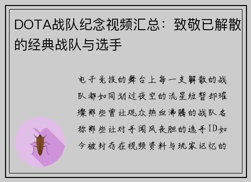 DOTA战队纪念视频汇总：致敬已解散的经典战队与选手